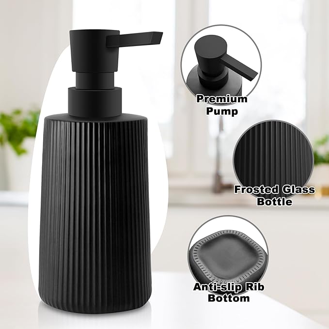 Glass Soap Dispenser for Bathroom, 250ml/8.5oz Dish Soap Dispenser with Pump for Kitchen, Modern Minimalist Stripe Style Hand Soap Dispenser, Small Refillable Soap Dispenser (Black 2pcs)
