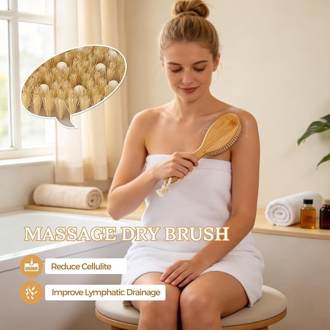 5 Packs Dry Brushing Body Brush Set for Lymphatic Drainage, Cellulite Massager and Scalp Care, Long Handle Dry Brush for Body, Natural Boar Bristle Body Brush Exfoliator