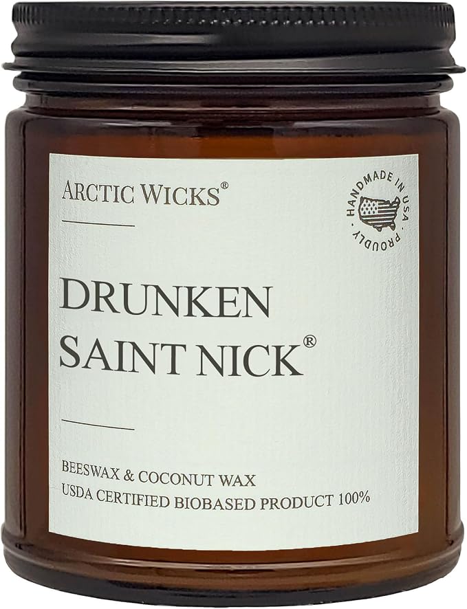 Arctic Wicks Scented Coconut Beeswax Candles | Coconut Beeswax Non Toxic Candle 9oz Amber | Farmhouse Candles Non-Toxic Clean Burn 100% USDA Certified Biobased (Drunken Saint Nick)