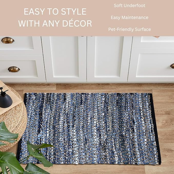 Hand Woven Area Rug Jute Denim 2x3 Feet - Rustic Farmhouse Bohemian Accent Rug for Living Room Bedroom Kitchen Entryway Floor Mats Anti Skid - Ideal for High Traffic Areas Rag Rug