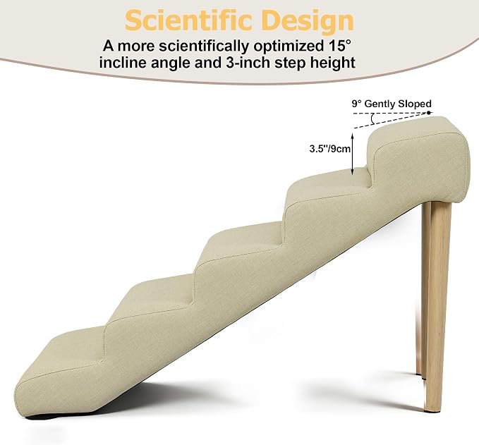 5-Step 23.6" H Dog Stairs for Bed Couch, Waterproof & Scratch PU Leather Pet Steps for Senior Large Dogs and Cats, Dog Ramp with 220 lbs Maximum, Oak Leg & Solid Wood, Non-Slip Feet, Cream