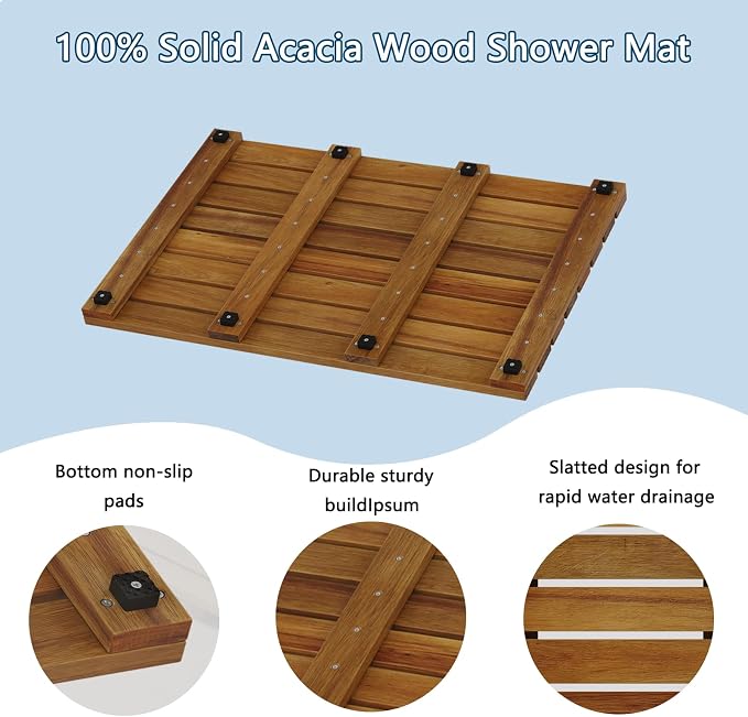 26"x16.9" Solid Acacia Wood Shower Mat, Non Slip Wooden Bath Mat, Indoor Outdoor Entryway Door Mat Multi-Purpose Plant Stand for Shower Bathtub Pool Spa Garden (Large)