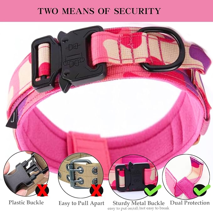 Tactical Dog Collar Adjustable Military Nylon Dog Collar with Control Handle and Heavy Duty Metal Buckle for Medium and Large Dogs (Pink Camo,XXL)