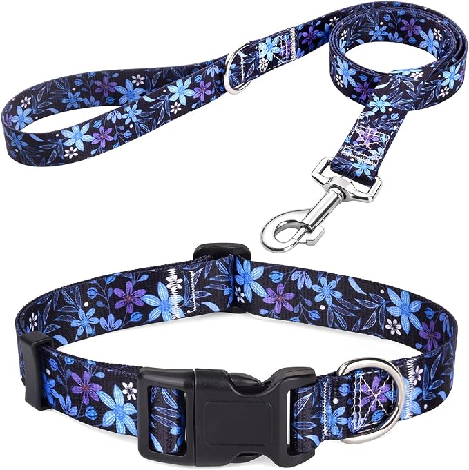 Mihqy Dog Collar and Leash Set with Bohemia Floral Tribal Geometric Patterns - Soft Ethnic Style Collar Adjustable for Small Medium Large Dogs(Blue Floral Set,S)