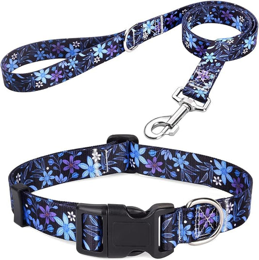 Mihqy Dog Collar and Leash Set with Bohemia Floral Tribal Geometric Patterns - Soft Ethnic Style Collar Adjustable for Small Medium Large Dogs(Blue Floral Set,S)