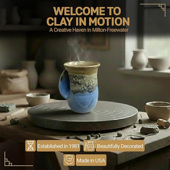 Clay in Motion Hand Warmer Coffee Mug – Handmade Coffee Mug With Comfortable Handle Contoured Pocket Hand Warming Ceramic Coffee Mug – Proudly Made in USA – Left Handed – 14 Oz - Sandy Beach