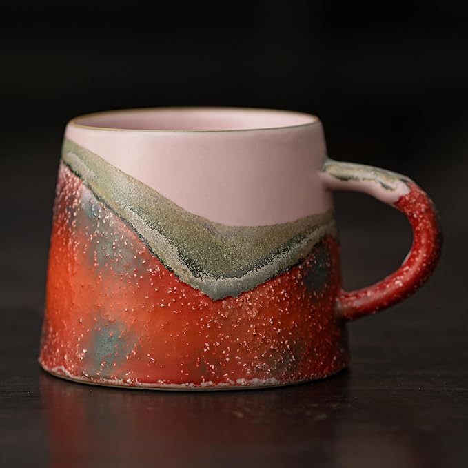 Vintage Coffee Mugs, 8 OZ Handmade Ceramic Coffee Mug with Handle, Pottery Coffee Cup for Morning Coffee, Tea & Latte, Lead-Free, Non-Toxic, Dishwasher & Microwave Safe for Home & Office.(Pink)
