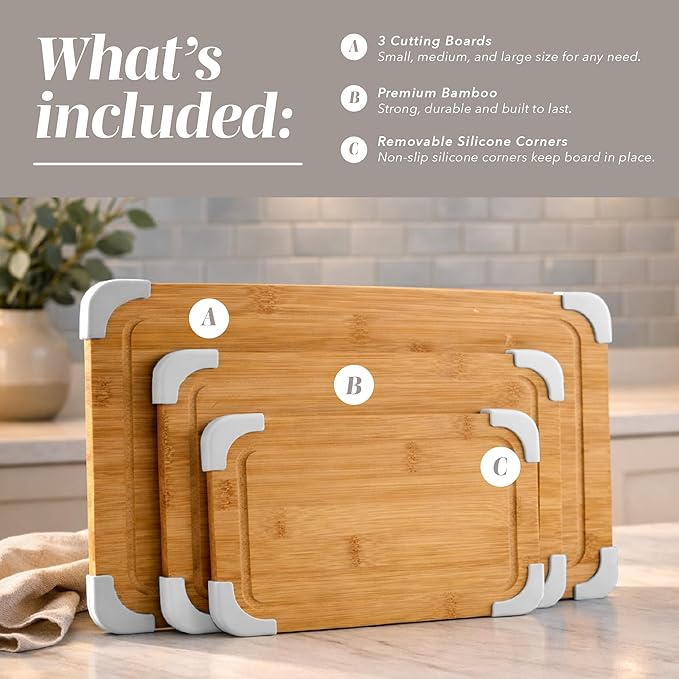COOK WITH COLOR Non-Slip Cutting Board Set – Kitchen Essentials with Easy Grip Handle for Meat, Veggies, and Fruits, 3 Cutting Boards, Bamboo Non-Slip White