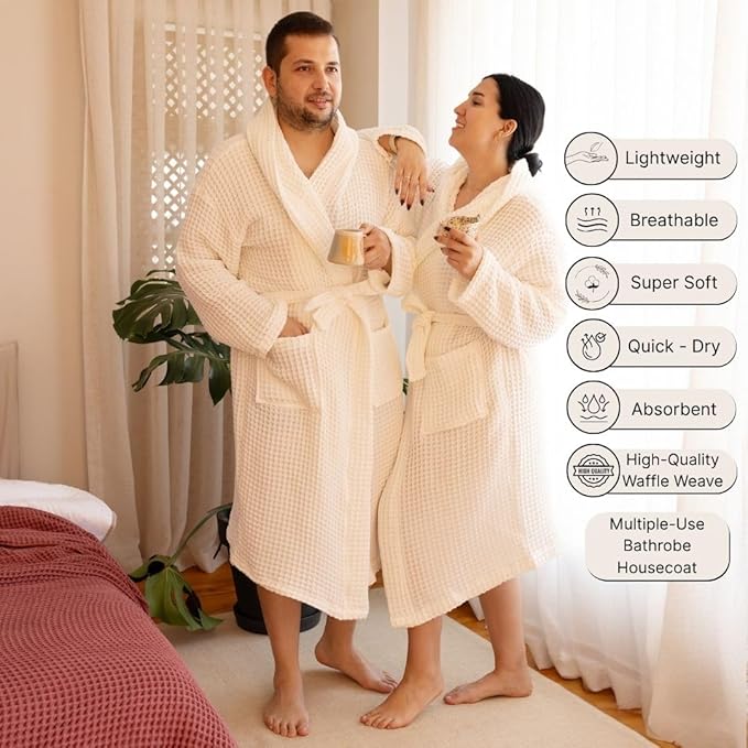 Unisex Hooded Waffle Robe for Women & Men 100% Turkish Cotton | Quick-Dry Bathrobe | Cozy Housecoat for Lounging