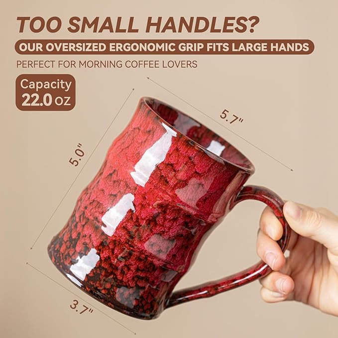 22oz Red Kiln-Change Ceramic Coffee Mug with Ergonomic Handle, 1340℃ High-Fire Unique Large Mug - Lead-Free, Microwave Safe, Great Gift for Valentine’s/Mother’s Day