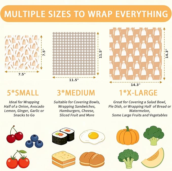Reusable Beeswax Wrap, 9 Pack Sheets for Bread, Fruit, Bowl, Organic, Sustainable, Zero Waste, Plastic-Free Food Storage, 1XL, 3M, 5S, Flour Sack and Gingham Pattern