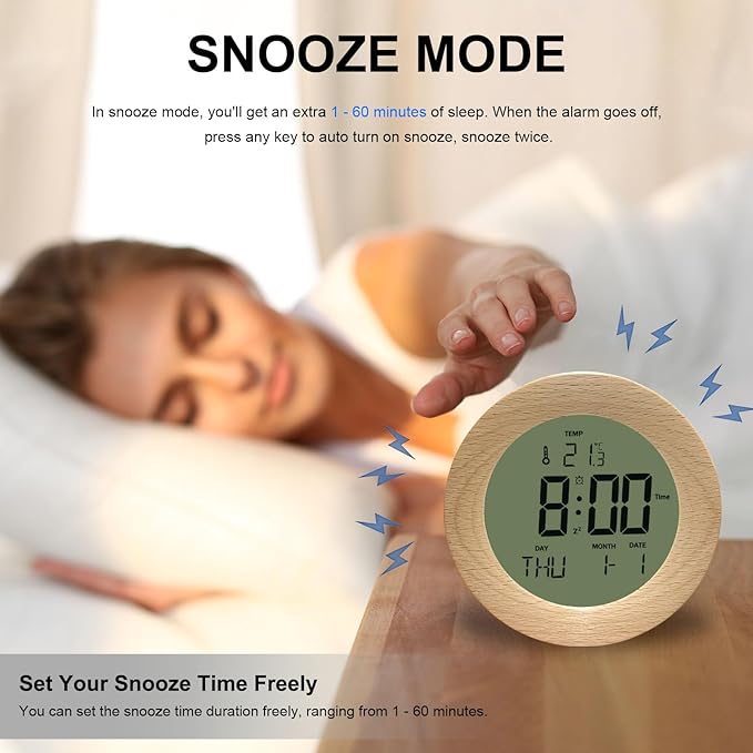JoFomp Wooden Alarm Clock for Bedroom, 4'' LCD Nightlight Small Digital Clock Battery Operated, Loud Alarm Clock for Heavy Sleepers, Alarm Bedside Clock with Temp/Snooze/Date/Week/Countdown - 12/24H