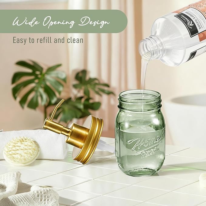 SheeChung Mason Jar Green Glass Soap Dispenser, Stainless Steel Pump, Refillable Dish soap Dispenser for Kitchen, 16Oz Bathroom Hand Soap Dispenser for Lotion, Liquid, Farmhouse Decor-Gold, 1 Pack