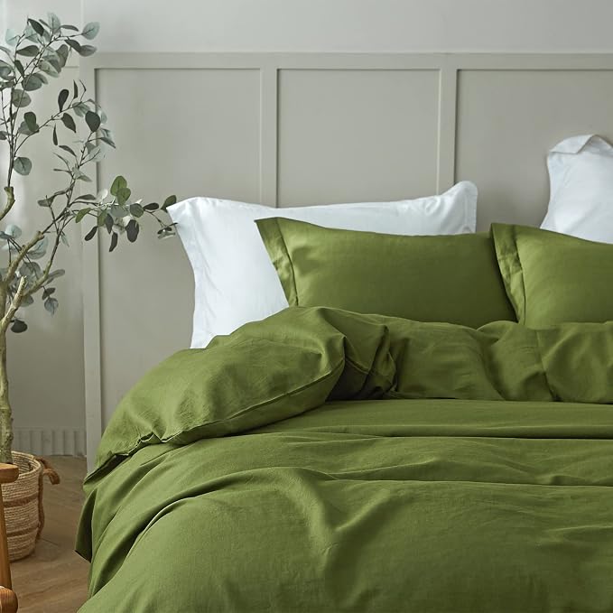 Simple&Opulence French Linen Duvet Cover Set 68" x 86"- 2 Pieces (1 Comforter Cover,1 Pillowcase)- Natural Flax Cotton Blend-Solid Color Breathable Farmhouse Bedding-Forest Green, Twin
