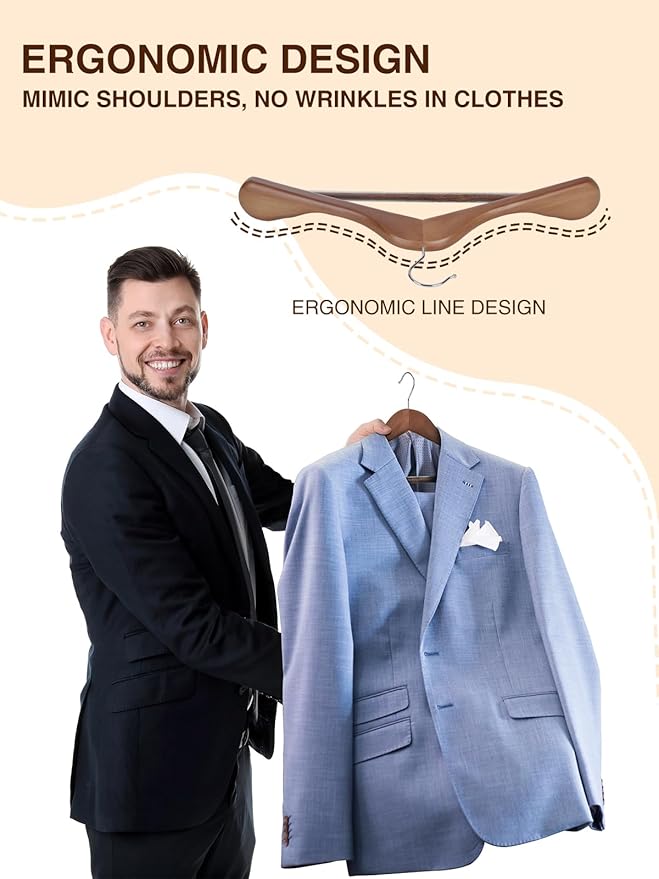 SMARTOR Wooden Suit Hangers for Men 8 Pack, Wide Shoulder Wood Suit Hangers with Non Slip Pant Bar, Wide Hanger for Suits, Coats, Jackets, Walnut