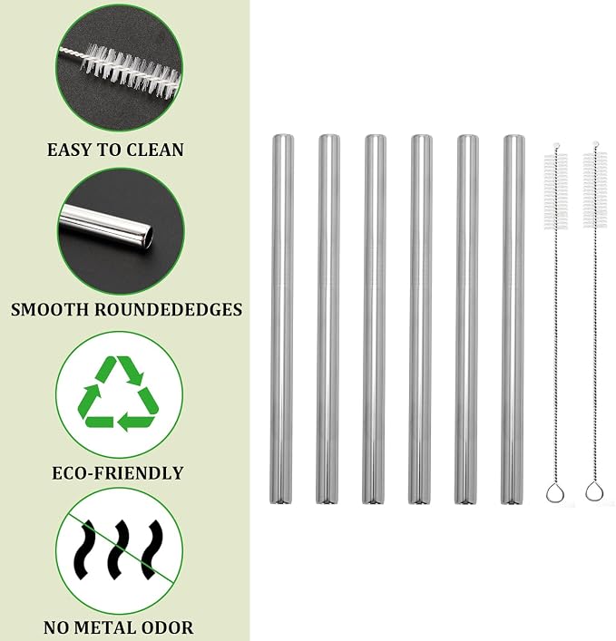 6pcs Stainless Steel Straw Replacement for 16oz Water Bottle, Includes 2 Cleaning Brushes, Reusable and BPA-Free Metal Straws