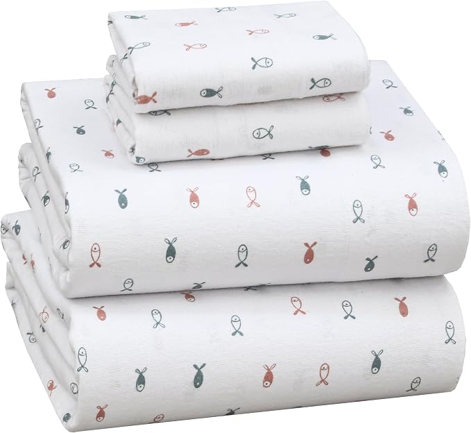 RUVANTI Flannel Sheets Full Size - 100% Cotton Double Brushed Bed Sheets Set, Deep Pockets 16 Inches, All Seasons Breathable & Extra Soft Full Sheets, Warm & Cozy, 4 Piece, Little Swimmers