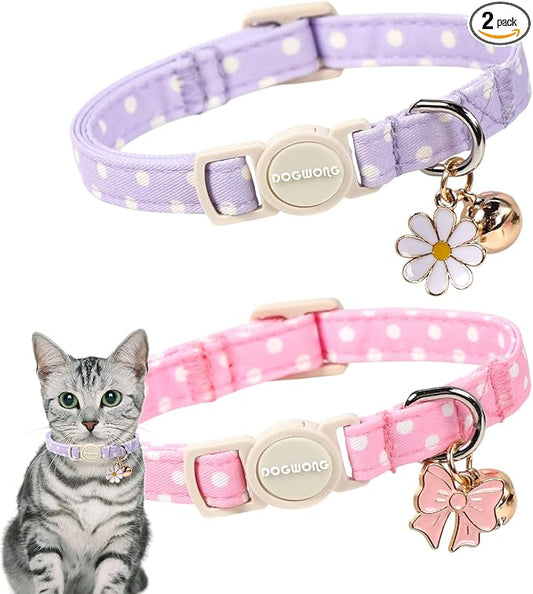 2 Pack Pink Purple Polka Cat Collars Breakaway with Bell, DOGWONG Safety Buckle Cat Collar for Girl Boy Cats and Small Dogs，Adjustable 7-12 Inch,Pet Supplies Accessories