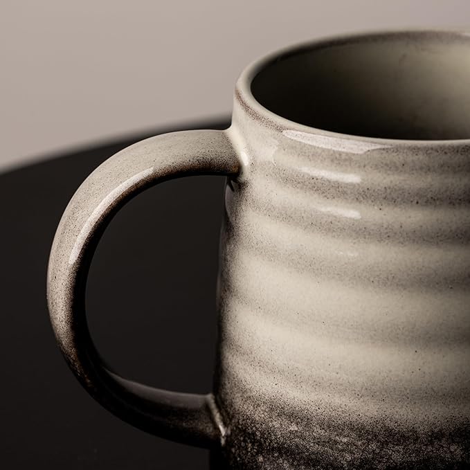 15.5 Oz Large Reactive Glaze Ceramic Mug, Heavy Weighted Stoneware Coffee Cup, Wide Base, Thick Wall Big Tea Cup with Custom Package Box, Microwave & Dishwasher Safe (Grey Black)