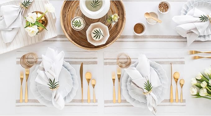 Solino Home Linen French Stripe Cloth Placemats Set of 6-100% Pure Linen Natural and White Placemats 14 x 19 Inch for Summer
