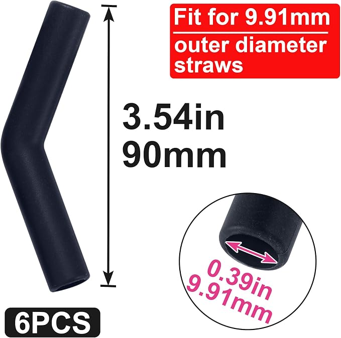 HINZIC 6Pcs Silicone Straw Tips 0.39 inch Inner Diameter for Metal Straws Food Grade Reusable Rubber Straw Covers Elbow Replacement Tip for Stainless Steel Straws - Black