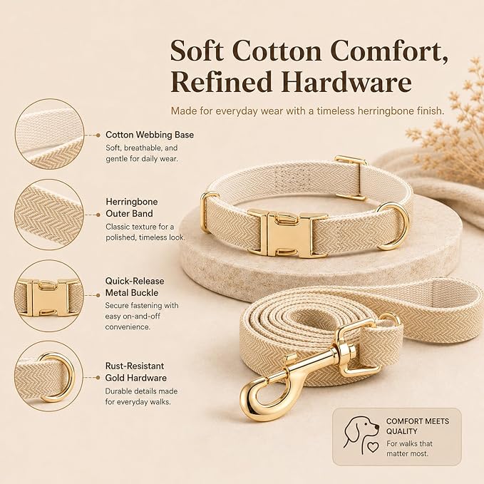 Herringbone Tweed Dog Collar and Leash Set for Medium Dogs,Light Beige | Snag-free, no-rub design. Soft breathable cotton, gentle on fur. Adjustable durable matching combo for walks & outdoors.