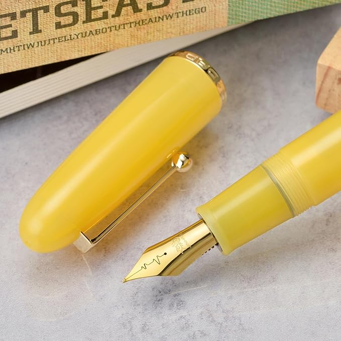 Jinhao 9019 DaDao Series Fountain Pen, Size 8 Fine Heartbeat Nib with Large Ink Converter, Yellow Jade Acrylic Design Smooth Writing Pen (Gold Trim)