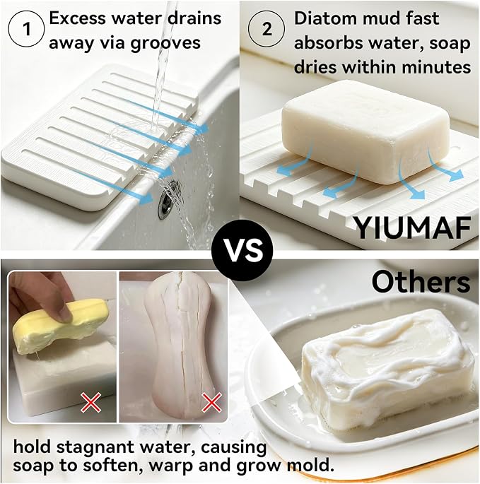 Self Draining Diatomite Stone Soap Dish, Waterfall Drainer Water Absorbing Soap Holder for Bathroom Kitchen Sink, Quick Dry Sponge Holder, Keep Soap Bars Dry Clean & Easy Cleaning (Light Gray)