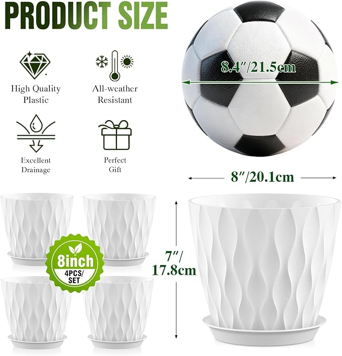 8 Inch Plant Pots 4 Pack Plastic Planters with Drainage & Saucers | 8 inch 4 pack plastic plant pots with 3D water ripple texture, drainage holes and saucers for indoor outdoor plants