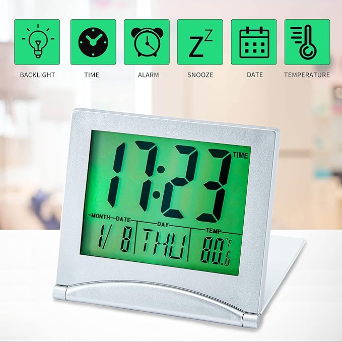 KANBIT Small Digital Travel Alarm Clock Battery Operated, Portable LCD Large Display Alarm Clock with Backlight, Temperature Desk Clock -Silver(Green Light)