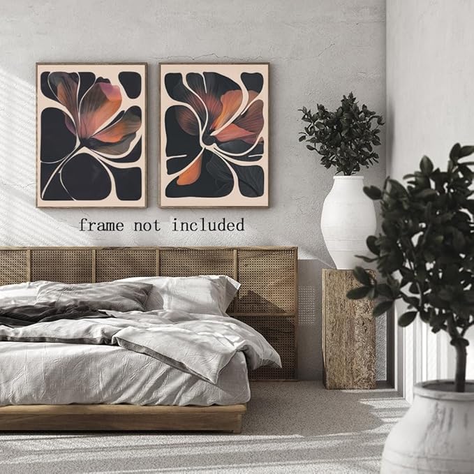 HUYKON Abstract Floral Wall Art Prints Set of 2 Modern Mid Century Botanical Canvas Painting Posters Black Orange Flower Picture Wall Decor Aesthetic for Bedroom Home Decor 12x18inch Unframed