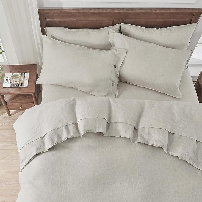 S VICTORY SYMBOL 100% Organic Linen Duvet Cover Set King Size 3pcs,French Washed Flax Solid Color Bedding(1 Duvet Cover &2 Pillowcases) with Coconut Button Closure(Natural Linen)