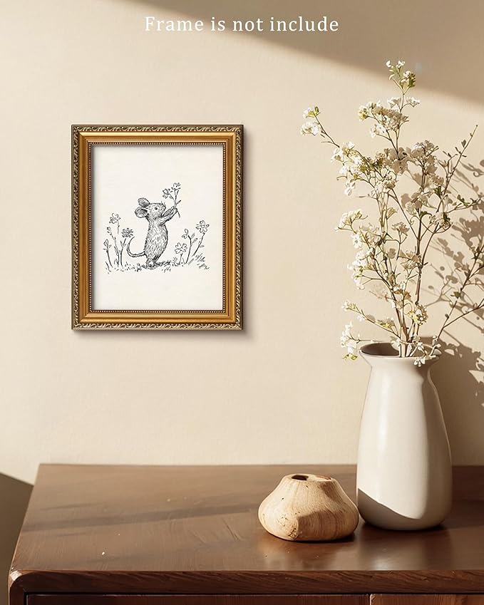Vodefoad Woodland Mouse Sketch Art Print Vintage Wall Art Decor Neutral Nursery Toddler Room Picture Decor Mouse Sketch Farmhouse Style Wall Decor for Gallery Nursery Bedroom Bathroom Office - 8x10Inch Unframe
