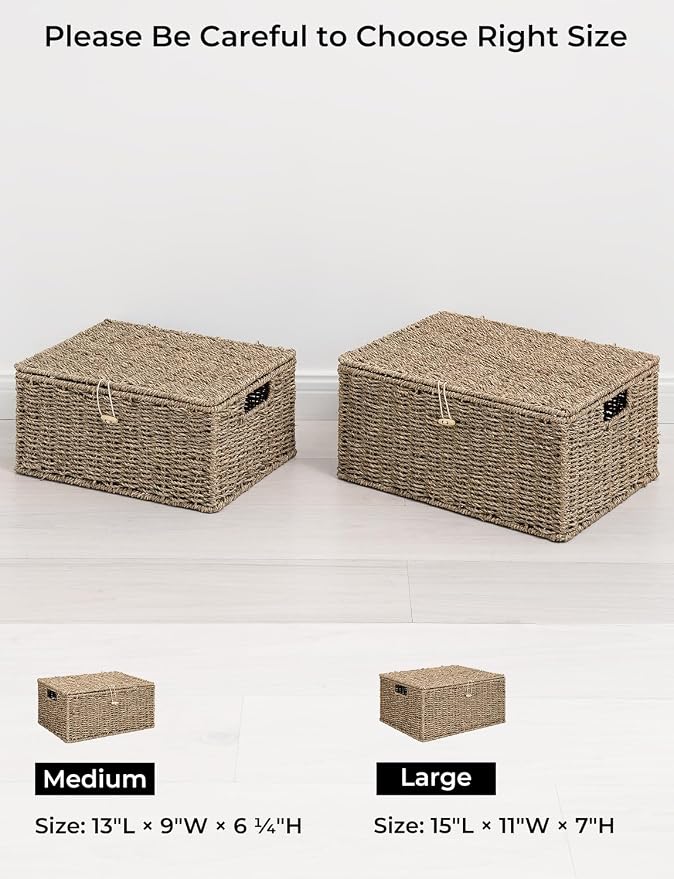 StorageWorks Seagrass Wicker Baskets for Organizing, Medium Wicker Basket with Lid, Decorative Basket with Built-in Handles, Towel Storage for Shelf, 1 Pack