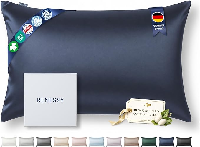 Premium Silk Pillowcase 100% Organic Mulberry Silk, 22 Momme, Grade 6A - Oeko-Tex Certified in Germany - Luxury for Hair & Skin, 1 Piece (Queen, Navy Blue)