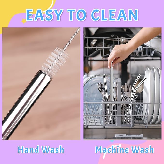 NiHome 4-Pack Stainless Steel Straws for Boba, Smoothie, 10.4” Metal Straws | 0.4'' Wide Metal Reusable Straws, 2 Bent & 2 Straight Long Drinking Straw for Bubble Tea, Milkshake Juice, 1 Brush, Silver