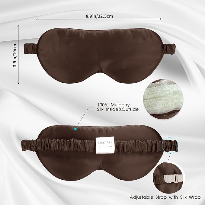 100% Mulberry Silk Eye Mask for Sleeping with Silk Wrapped Adjustable Strap,Brown