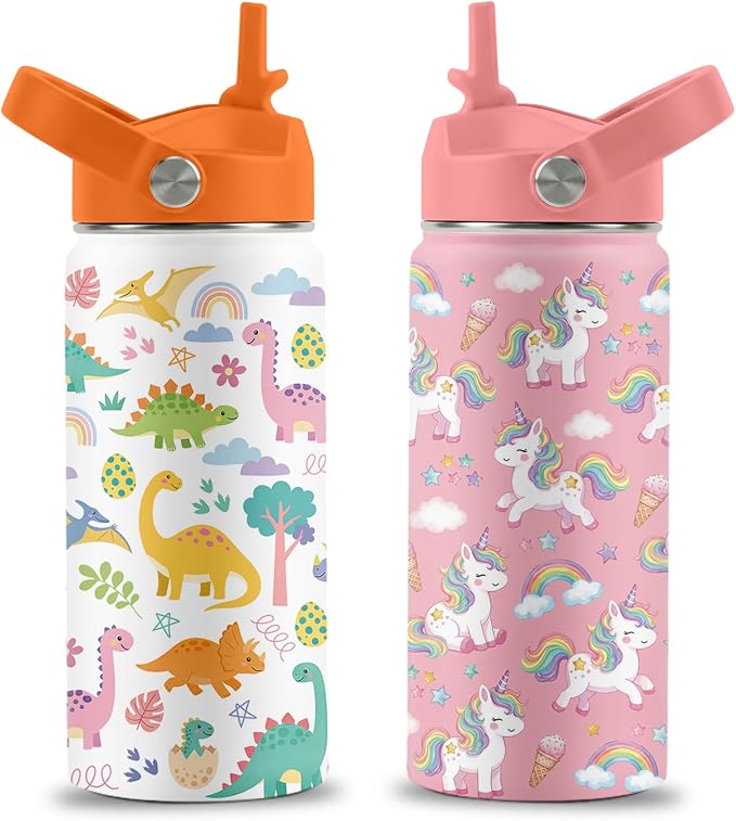 16 oz Water Bottle with Straw Lid, 2 Pack Set, Dinosaur Unicorn Gifts for Boys Girls, Stainless Steel Insulated Water Bottles for School Travel Outdoor Sports, Cute Cups Birthday Gifts