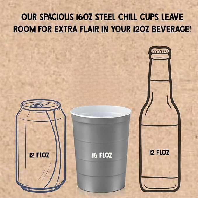 Steel Chill Cups 16 oz. Party Cups, Perfect for Cold Drinks, Sturdy & Durable, Disposable and 100% Recyclable, Made in USA, Gray, 180 Count
