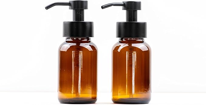 8.5 oz Amber Glass Bottles with Lotion Pump Dispensers (2-Pack) - Non-Foaming Pumps, Refillable Lotion, Liquid Soap, Lotion. Oils, Black Stainless Steel Pumps