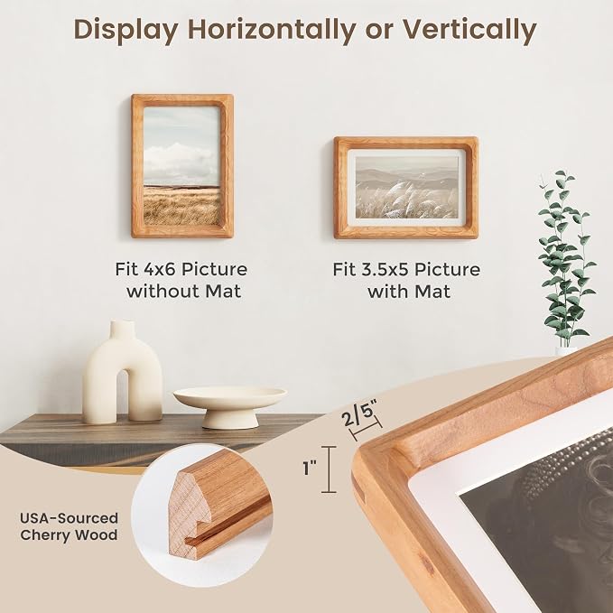 4x6 Picture Frame Set of 2, USA-Sourced Cherry Wood Photo Frames with HD Tempered Glass, Handcrafted Rounded Corner 4 x 6 Wooden Frame Matted to 3.5x5 Photos, 4x6 Frames, Tabletop or Wall Display