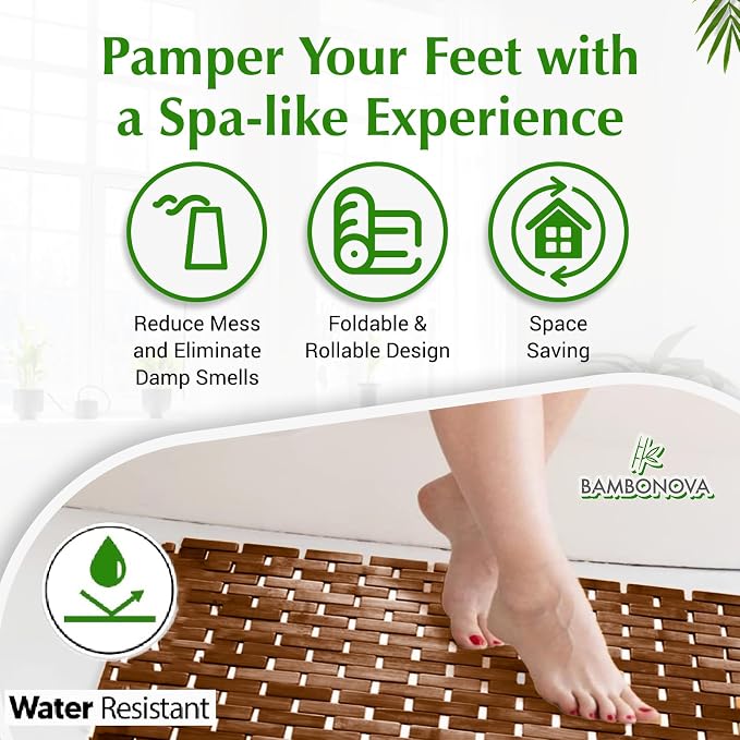 Bamboo Bath Mat Brown 24 x 16 Inches and Soap Dish Set Bathroom Rugs Non Slip Washable Bamboo Shower Mat Bathtub Mat Non Slip for Kitchen Sauna Spa Hot Tub Outdoor Bathroom Décor