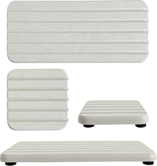 NiuYichee Set of 4 Water Absorbing Stone Trays for Kitchen Sink, Quick-Drying Stone Soap Tray, Diatomite Bathroom Soap Dish, 2pcs 3.15" x 3.15" + 2pcs 7.1" x 3.15", Light Grey