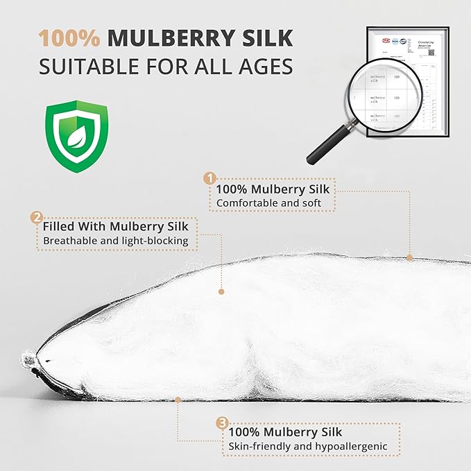 Silk Sleep Mask Eye Cover, 100% Real Natural Eye Mask for Sleeping with Adjustable Strap, 100% Silk Filling Blindfold, sleepmask for Kids/Teens/Adults, Sleeping Masks for Family (2 Black)