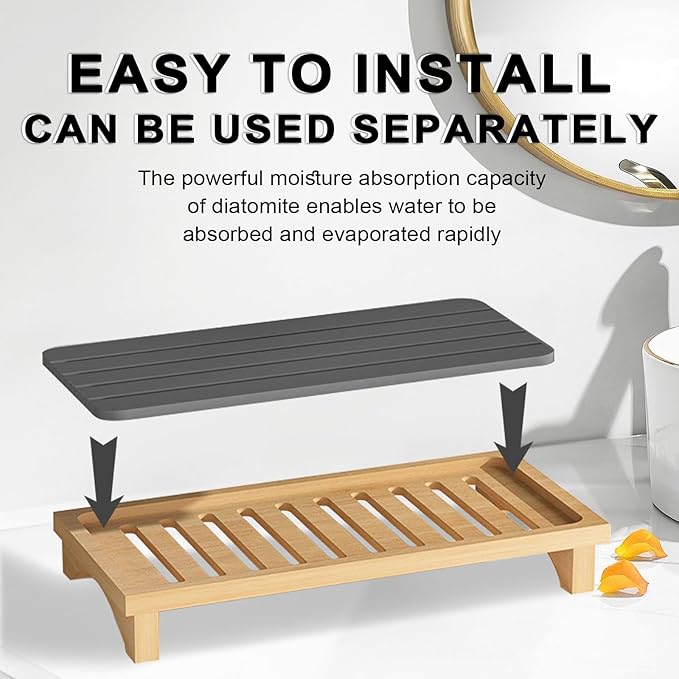 2PCS Water Absorbing Drying Tray with Wooden Base Stone Diatomaceous Stone Soap Dish Holder Quick Dry Sink Organizer for Kitchen Bathroom(White & Gray)
