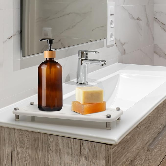2PCS Water Absorbing Stone Trays, Diatomite Bathroom Counter Tray, Caddy Kitchen Sink Organizer Tray, Faucet Drying Mat Coaster Soap Dish Riser Dispenser Sponge Holder (White, 12'' x 4'')