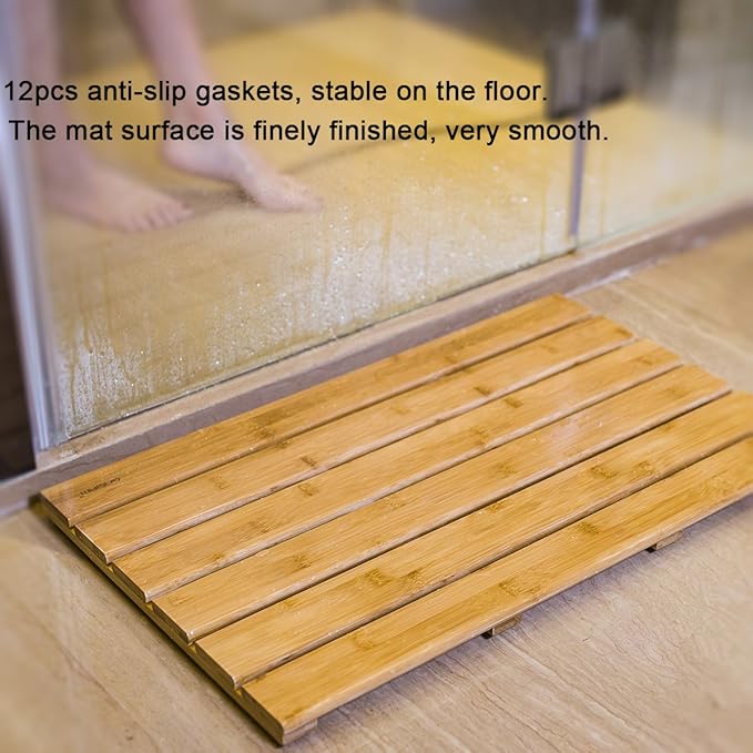 GOBAM Bamboo Bath Mat, Large, 26 x 15.8 x 1.3 inches - Non-Slip - Floor Mat for Bathroom, Spa, Sauna, Kitchen, Indoor & Outdoor Spaces, Shower Mat for Bathroom Decor - Natural