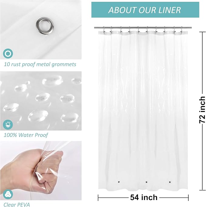 Mrs Awesome Stall Shower Curtain Liner with 3 Magnets 54 x 72 inch, PEVA 8G Thick & Heavy Duty Plastic Shower Curtain for Bathroom, Waterproof, 54x72, Clear