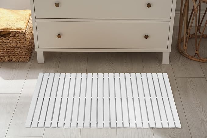Bath Mat Bathroom Rugs Floor Wood Shower Bathtub Waterproof Non Slip Accessories 16x24 Inch Easy to Clean, White, 1 pc