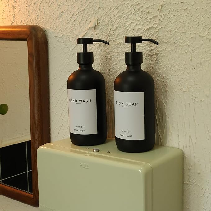 Ronasip Set of 5 Kitchen Soap Dispenser Set 16 Oz Glass Hand Dish Soap Dispenser with Stainless Steel Pump, Cement Tray, Dish Scrub Brush for Farmhouse Rustic Home Bathroom Decor (Black)